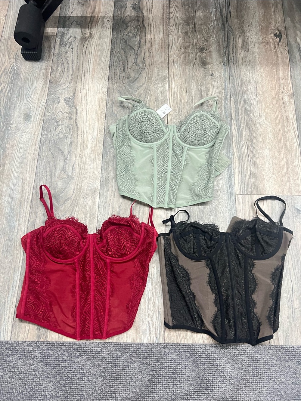 Garage Lace Bustier Crop Top Trio - Sage Green, Red, Black